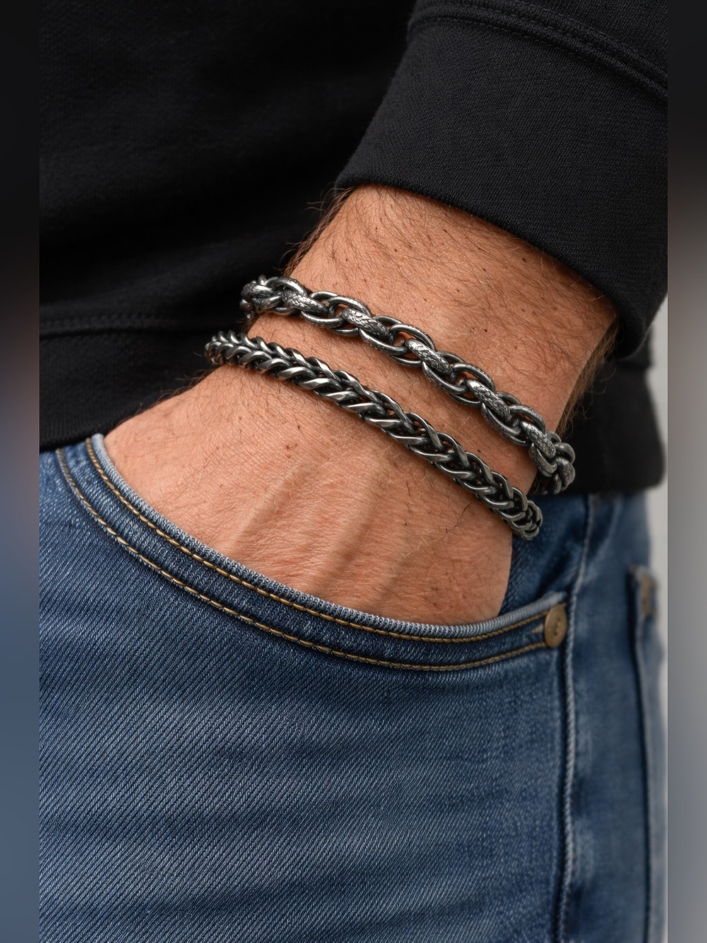 Double chain Black Stainless steel Bracelet